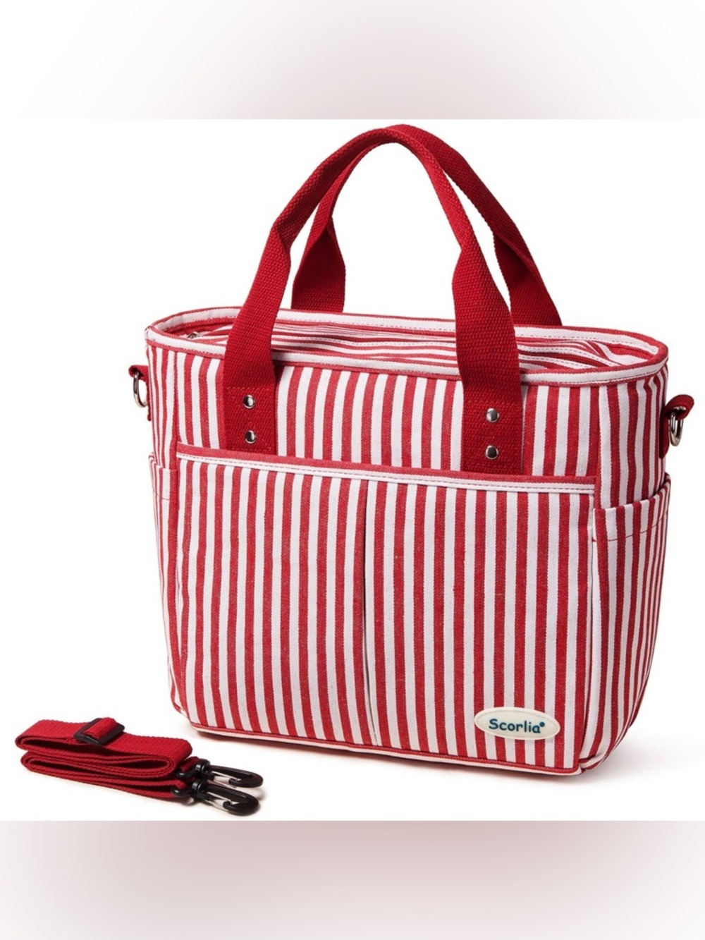 Red & White Scorlia Striped Lunch Tote Bag